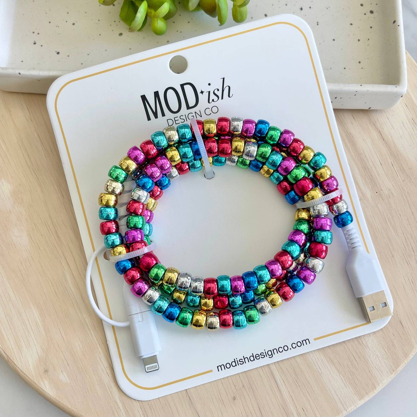 Beaded Phone Charger - Metallic Rainbow 3 FT