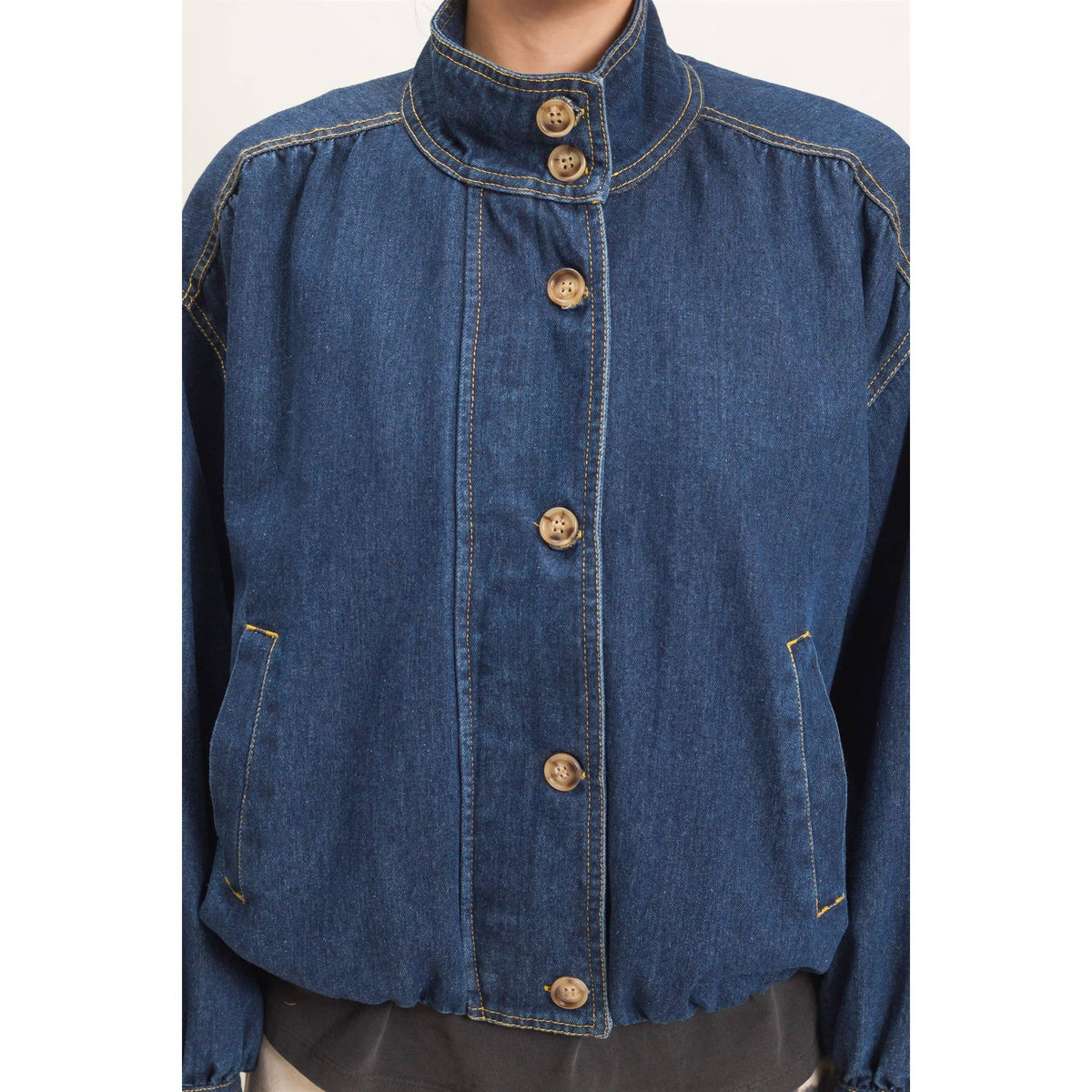High Collar Denim Bomber Jacket: DARK DENIM