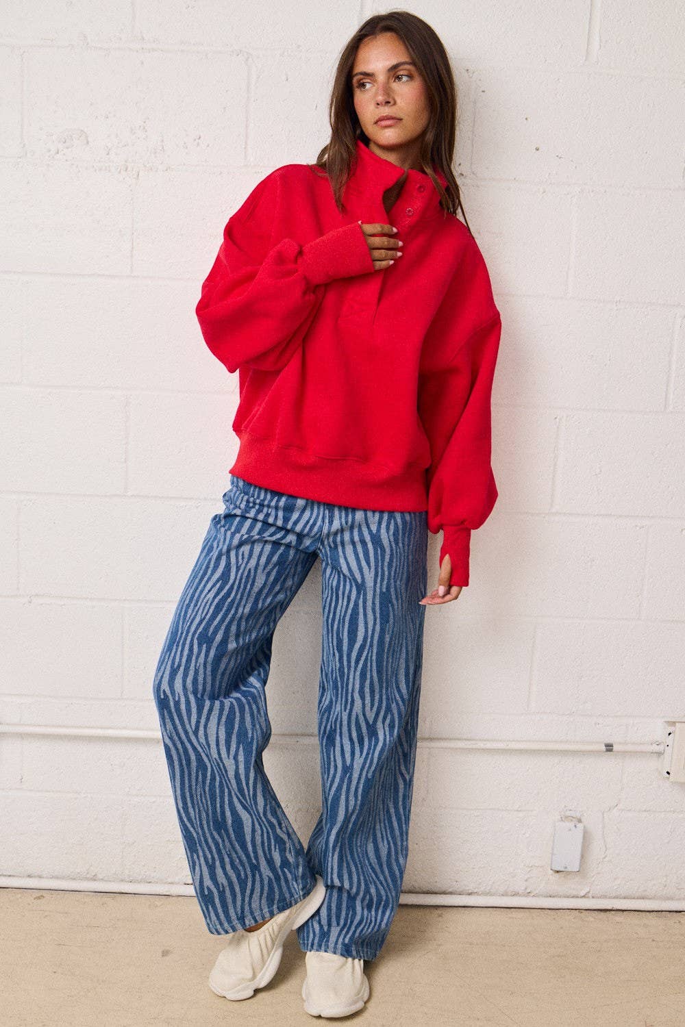 Half Button-Up Relaxed Fit Pullover: Red