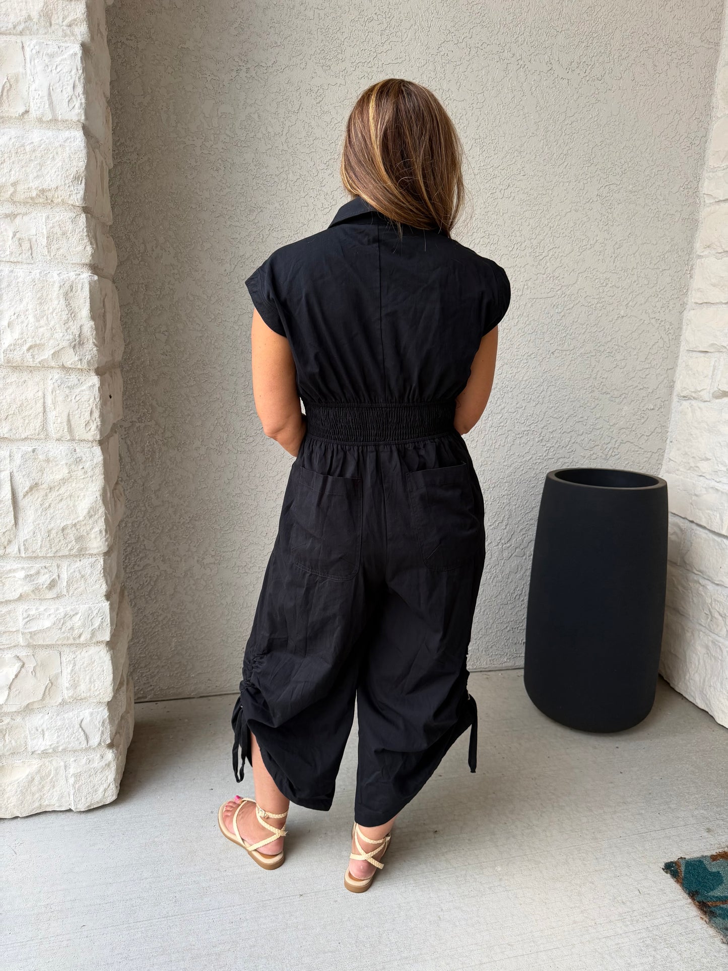Wide leg Button down Jumpsuit with side drawstring hem- BLACK