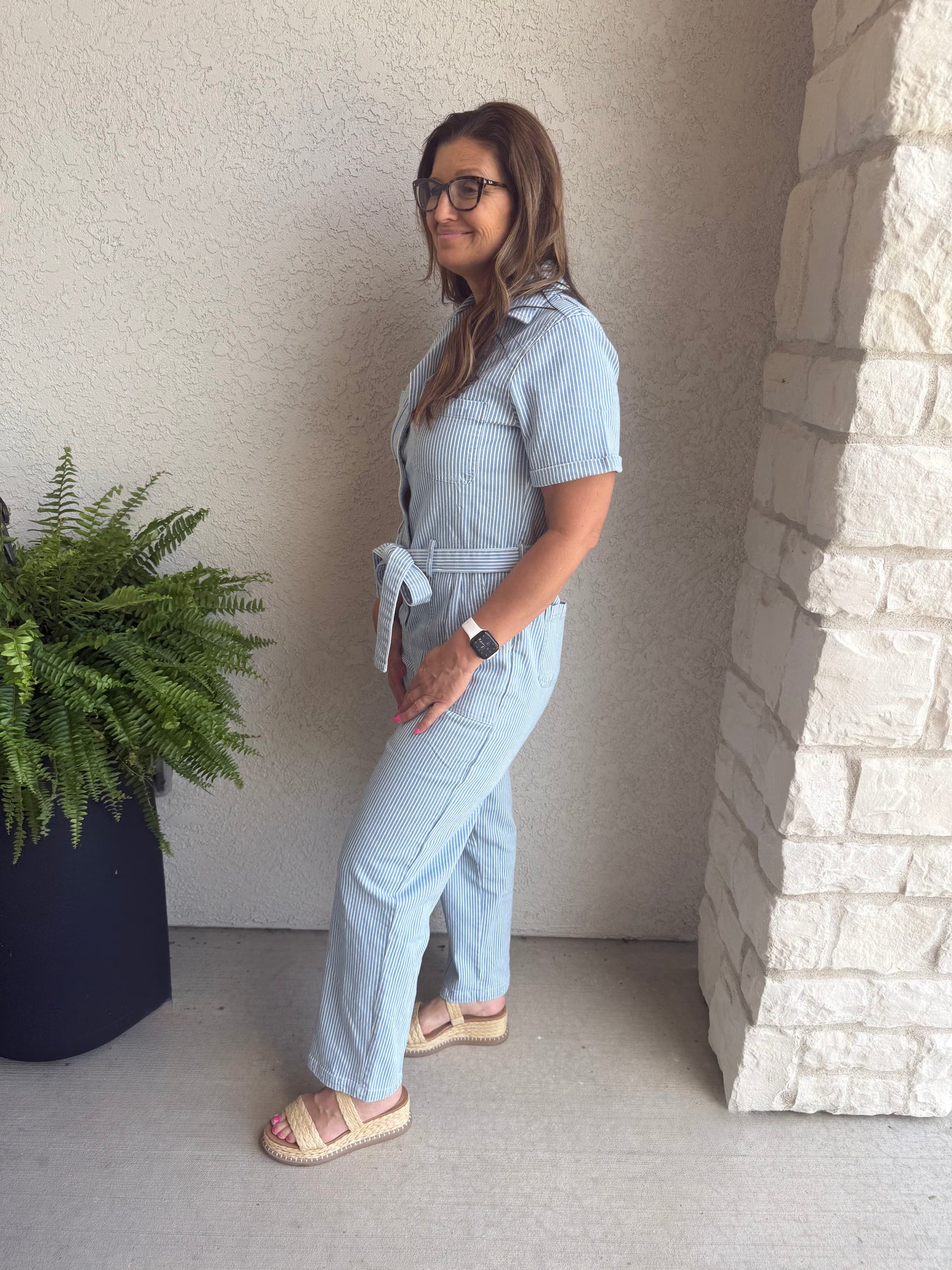 Washed denim utility jumpsuit: Light Denim striped