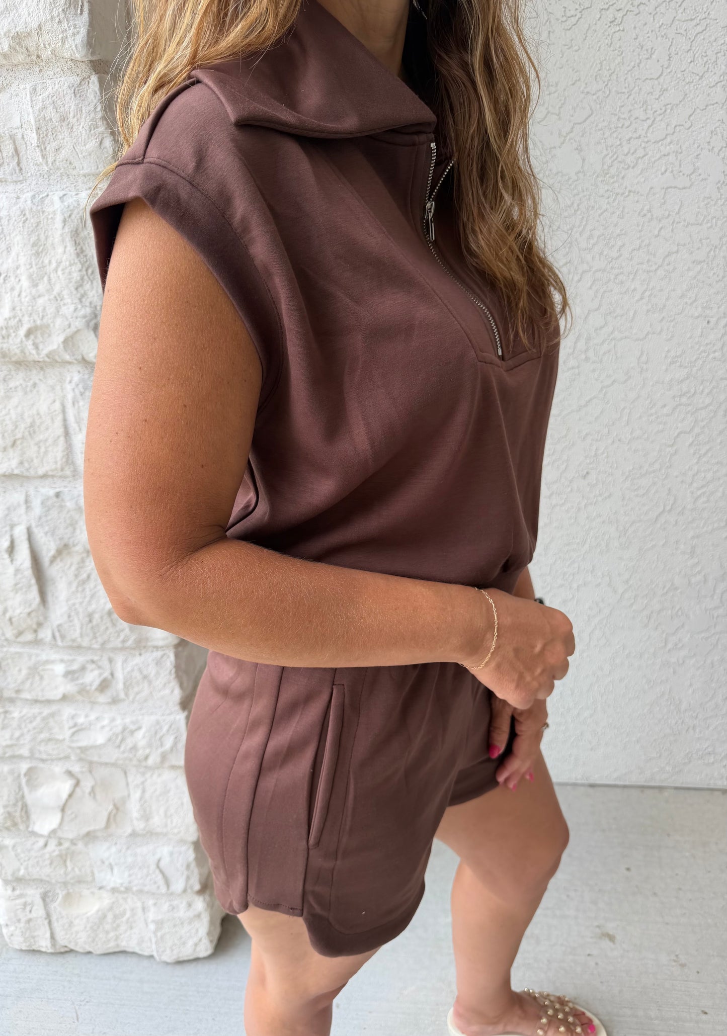 Half Zip Top and Shorts Set: Chocolate