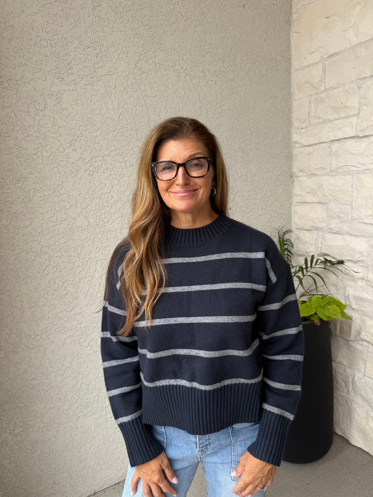 Striped Crew Neck Sweater Navy/Grey