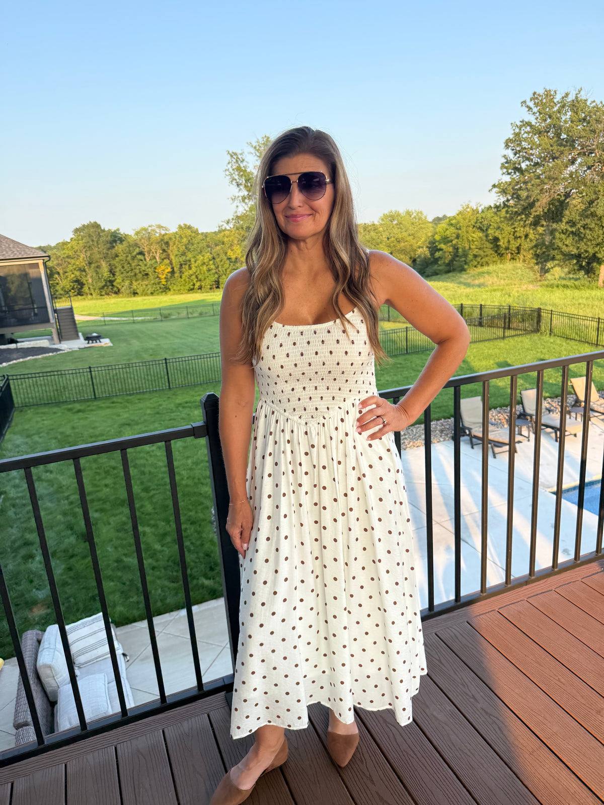 POLKA DOT SMOCKED BASQUE WAIST MIDI DRESS