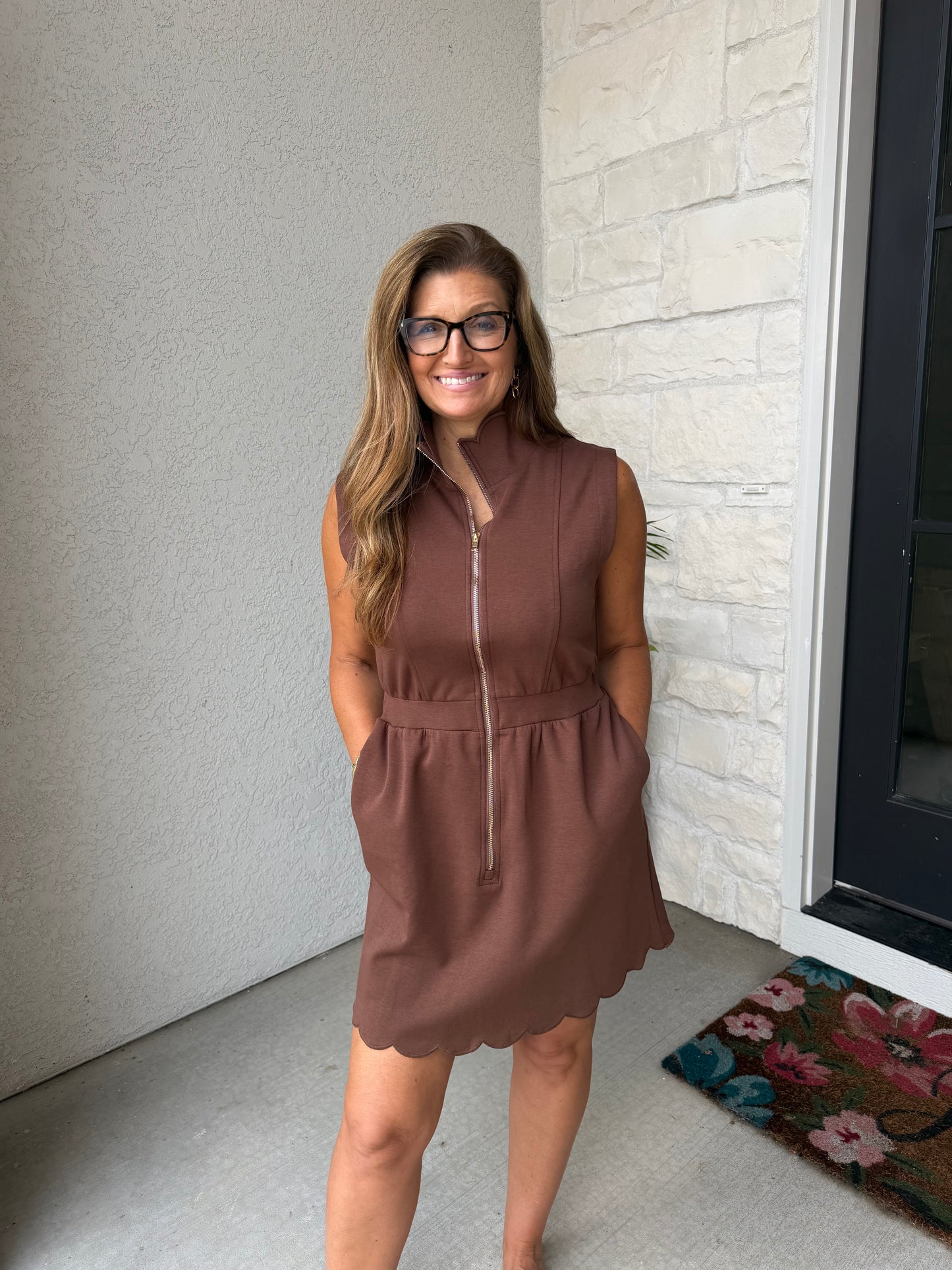 Sleeveless Zipper Mini Dress- Brown