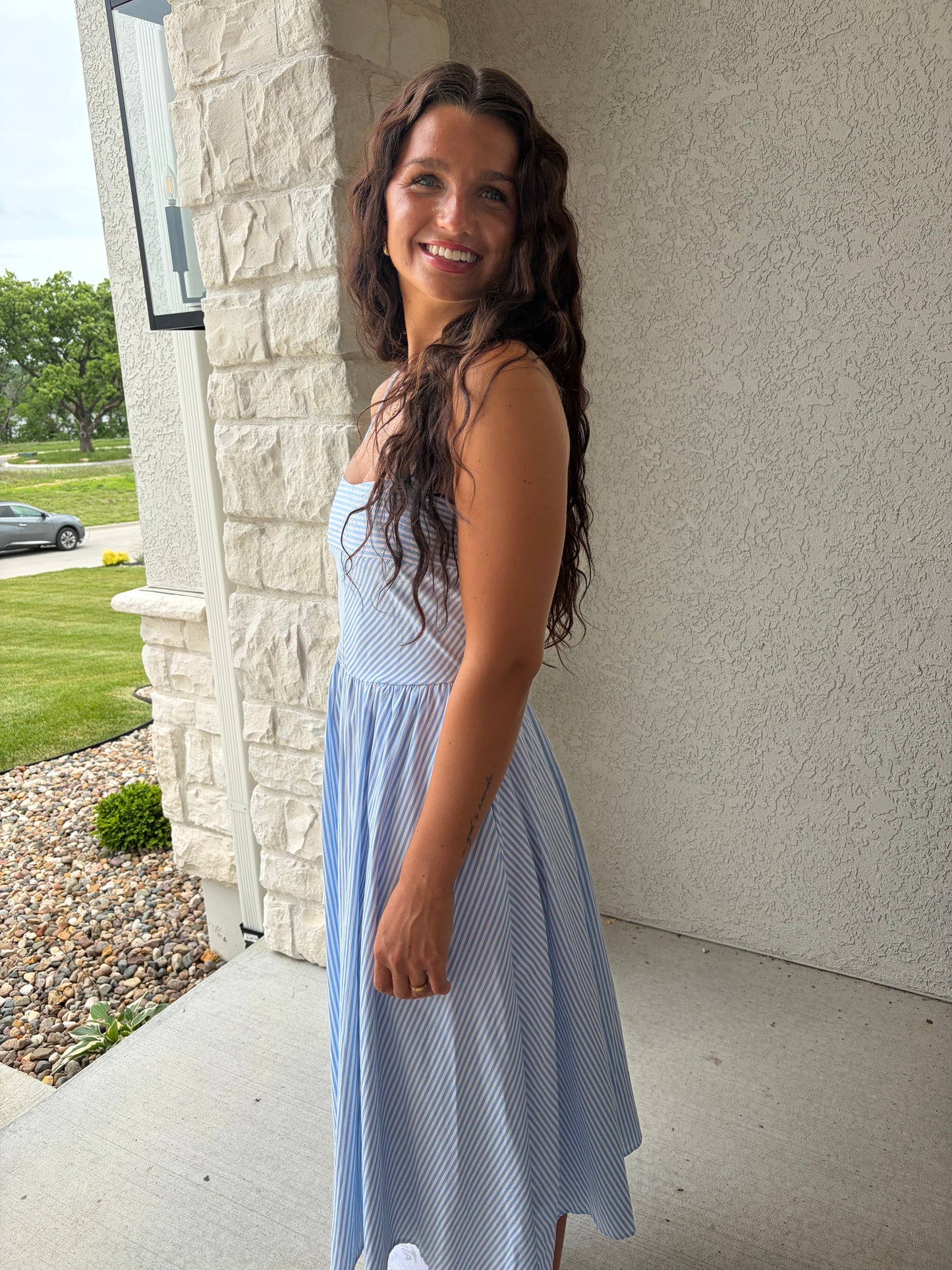 Striped Spaghetti Strap Dress: LIGHT BLUE AND WHITE