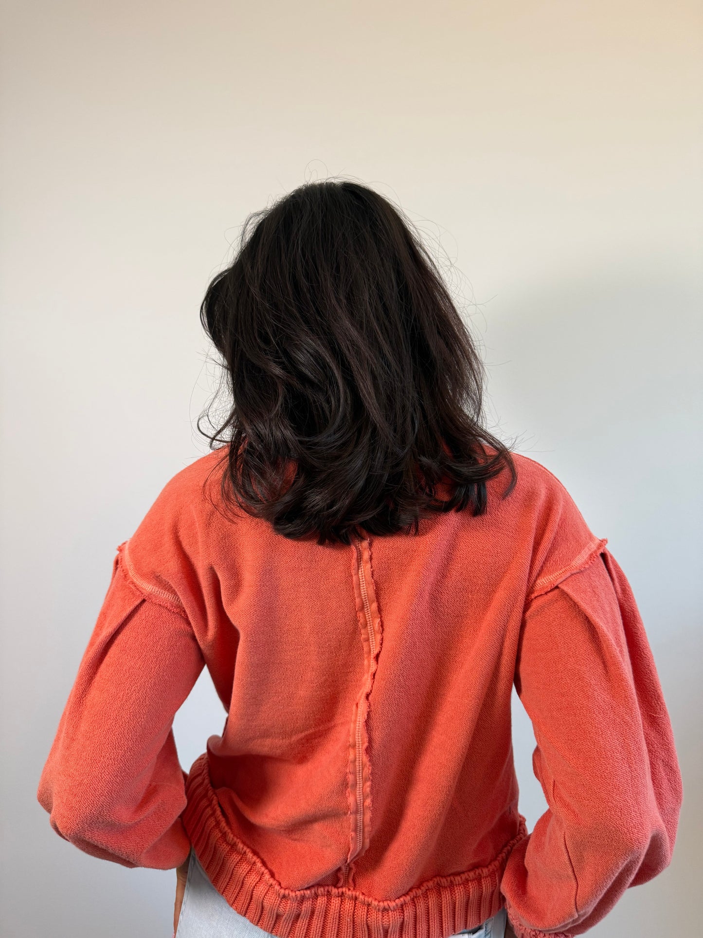 Washed Vintage Ribbed Knit Trim Cardigan -Rust
