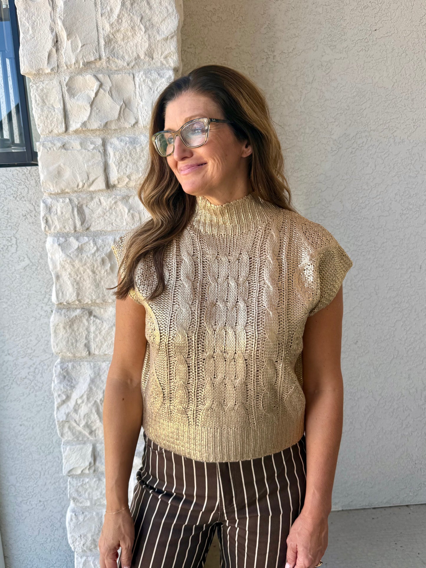 Mockneck Cable Knit Sweater Top- GOLD