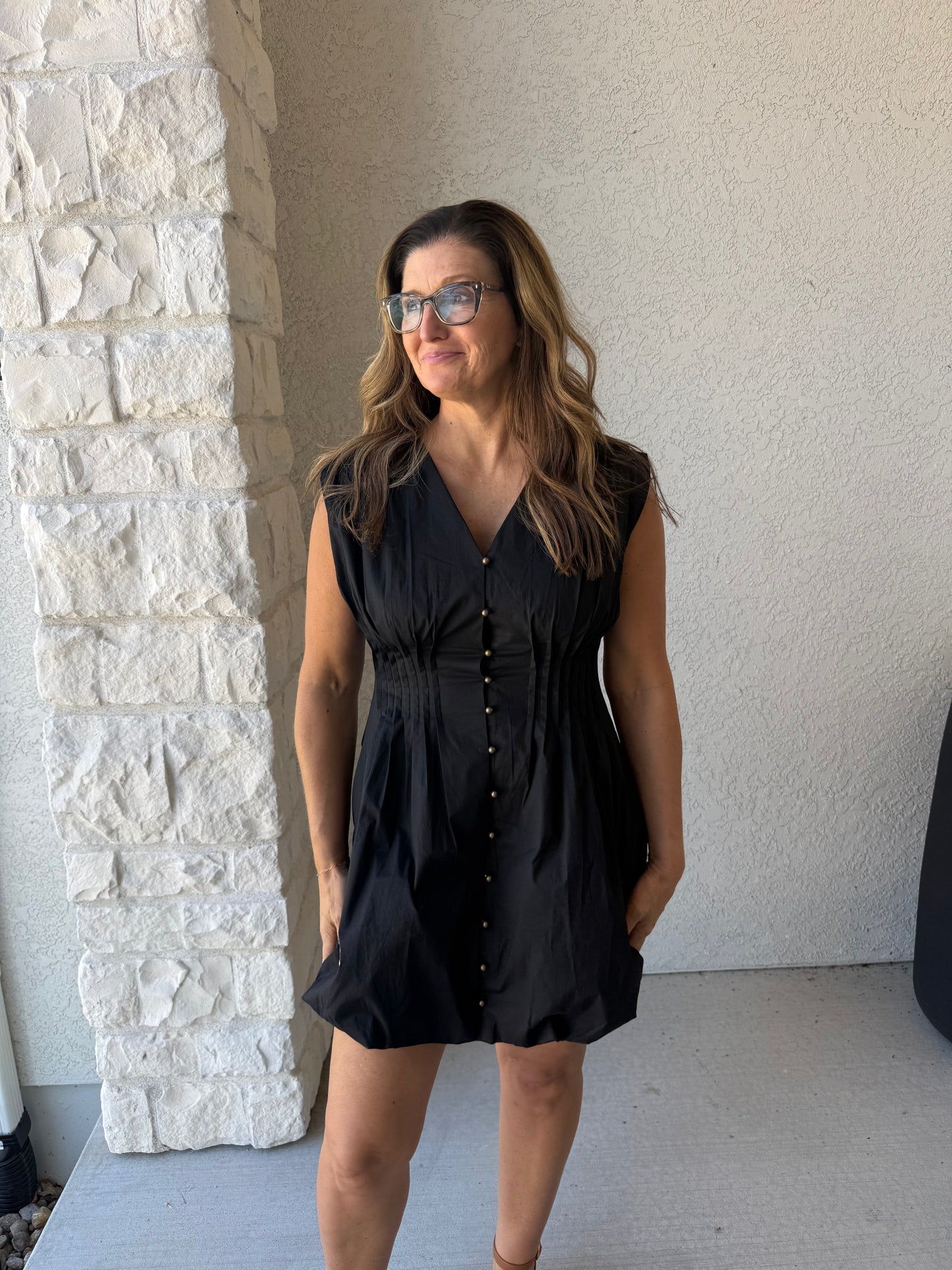 Pleated button Bubble Mini Dress