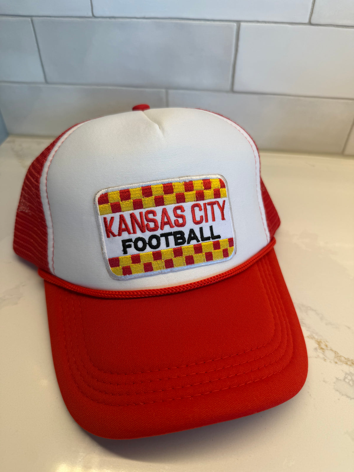 KC Football Checkered Trucker Hat-Red