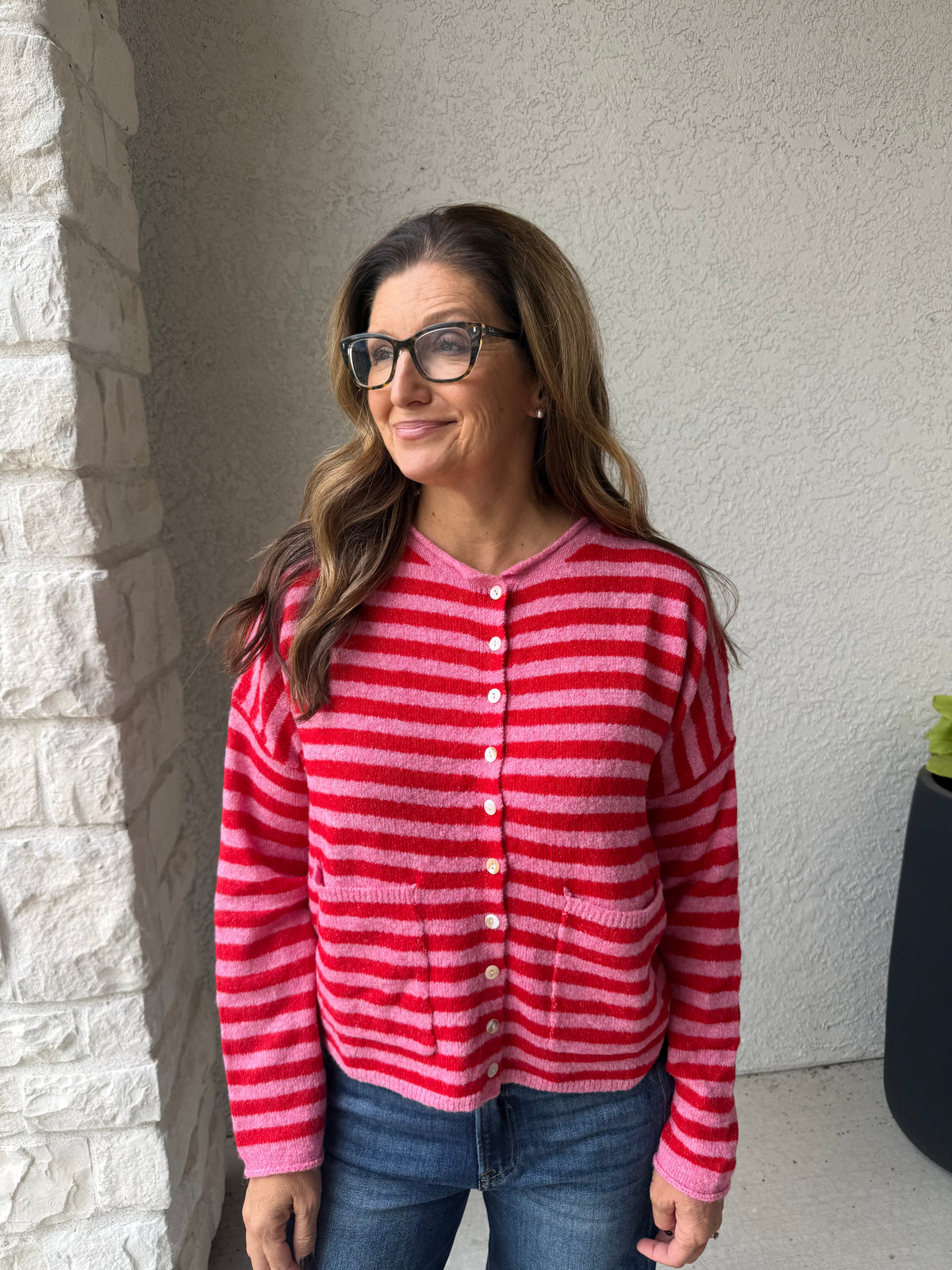 Striped Knit Cardigan Pink/Red