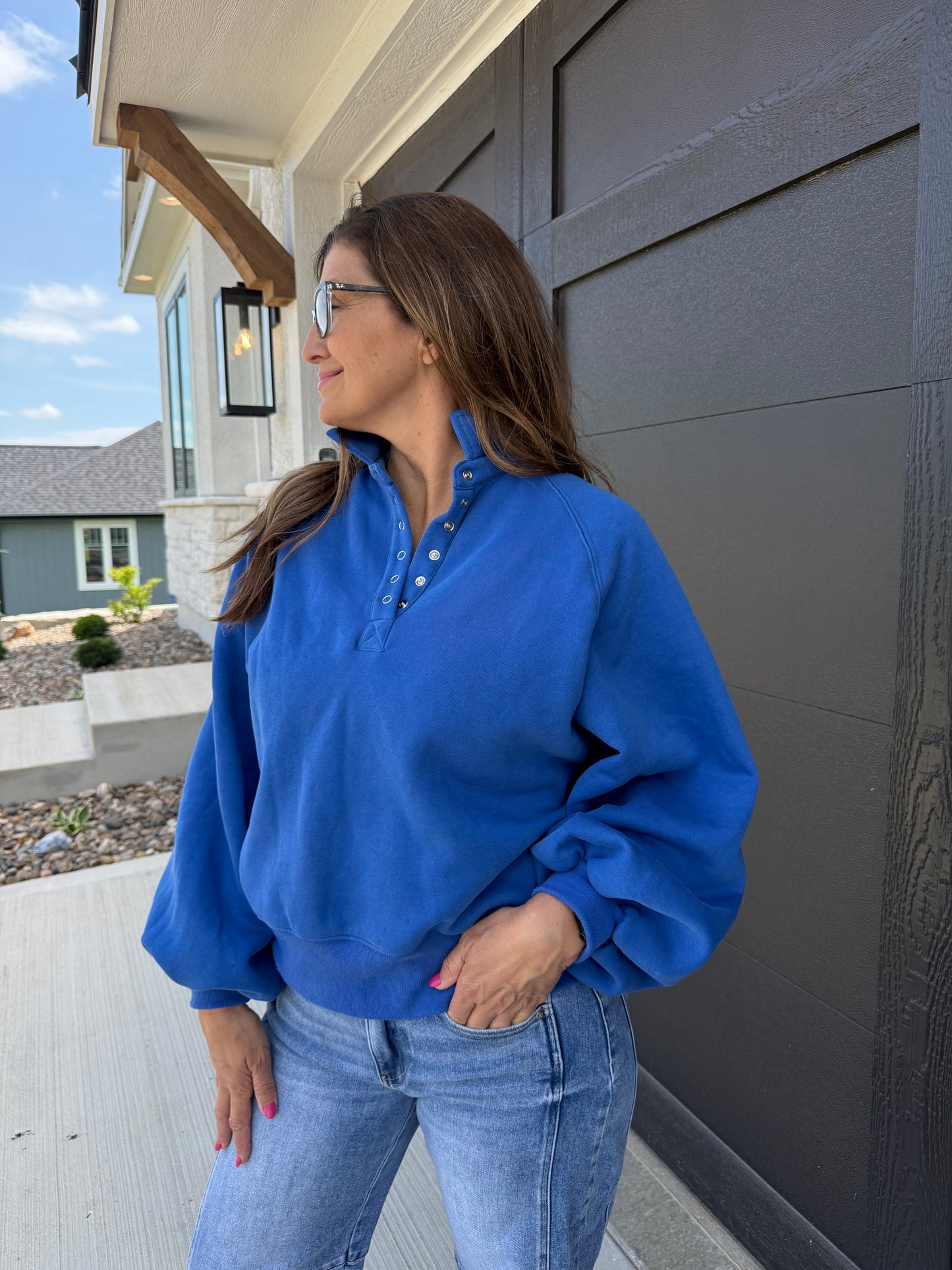 Piper Snap Button Collared Sweatshirt: Cobalt blue / S-M-L
