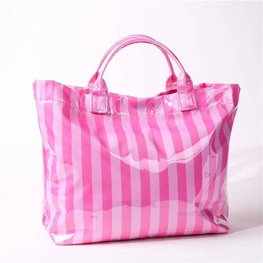 Large Striped Vinyl Tote Bags | FUCHSIA PINK STRIPED