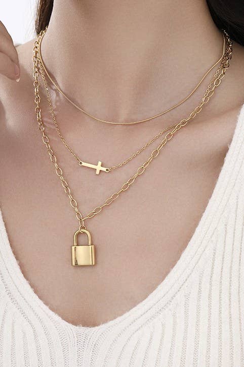 CROSS AND LOCK CHARM LAYERED NECKLACE  Gold