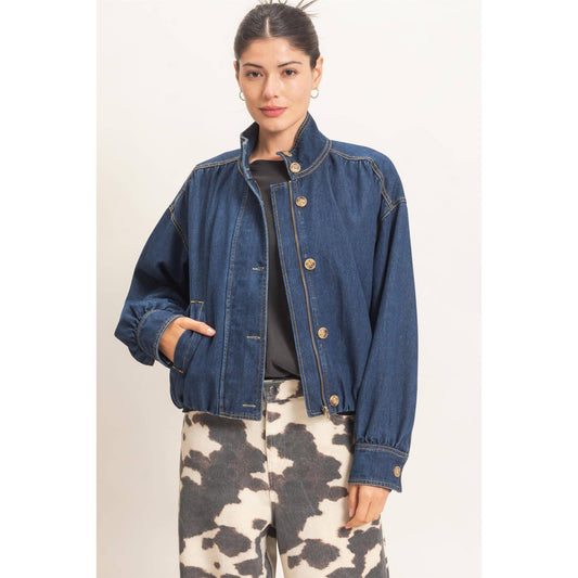 High Collar Denim Bomber Jacket: DARK DENIM