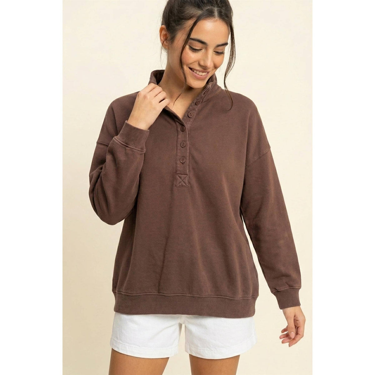Button Front Sweatshirt: DARK BROWN