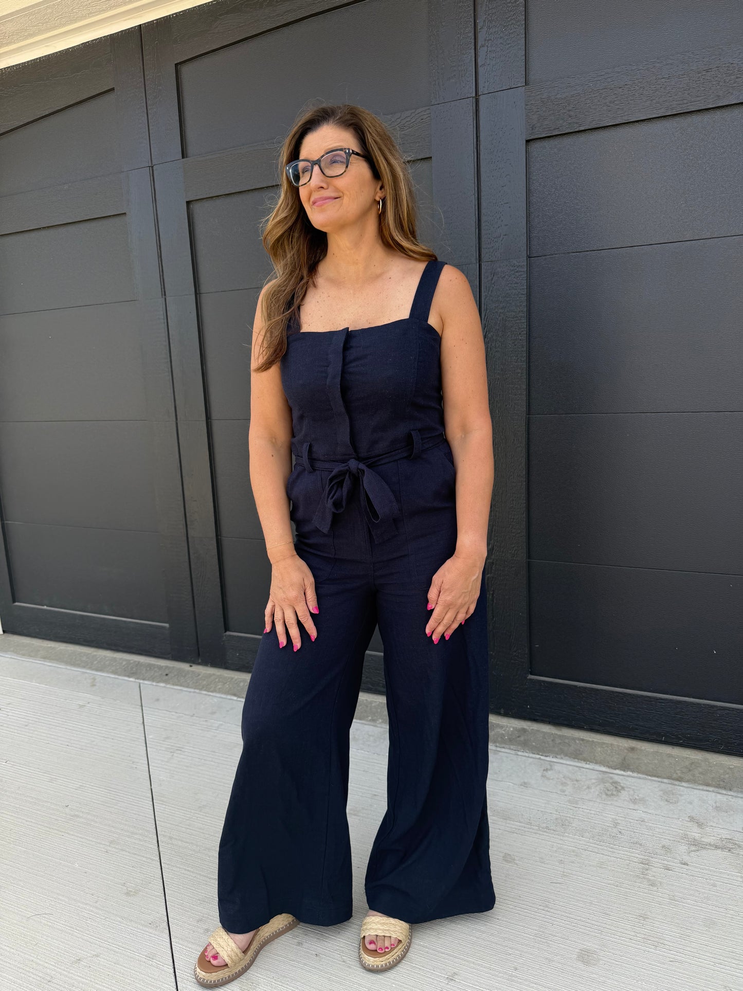 Straight Neck Wide Leg Jumpsuit: NAVY