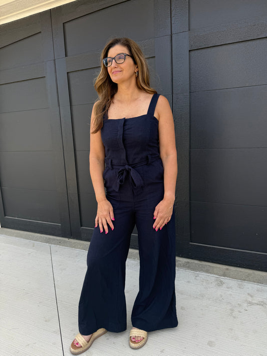 Straight Neck Wide Leg Jumpsuit: NAVY