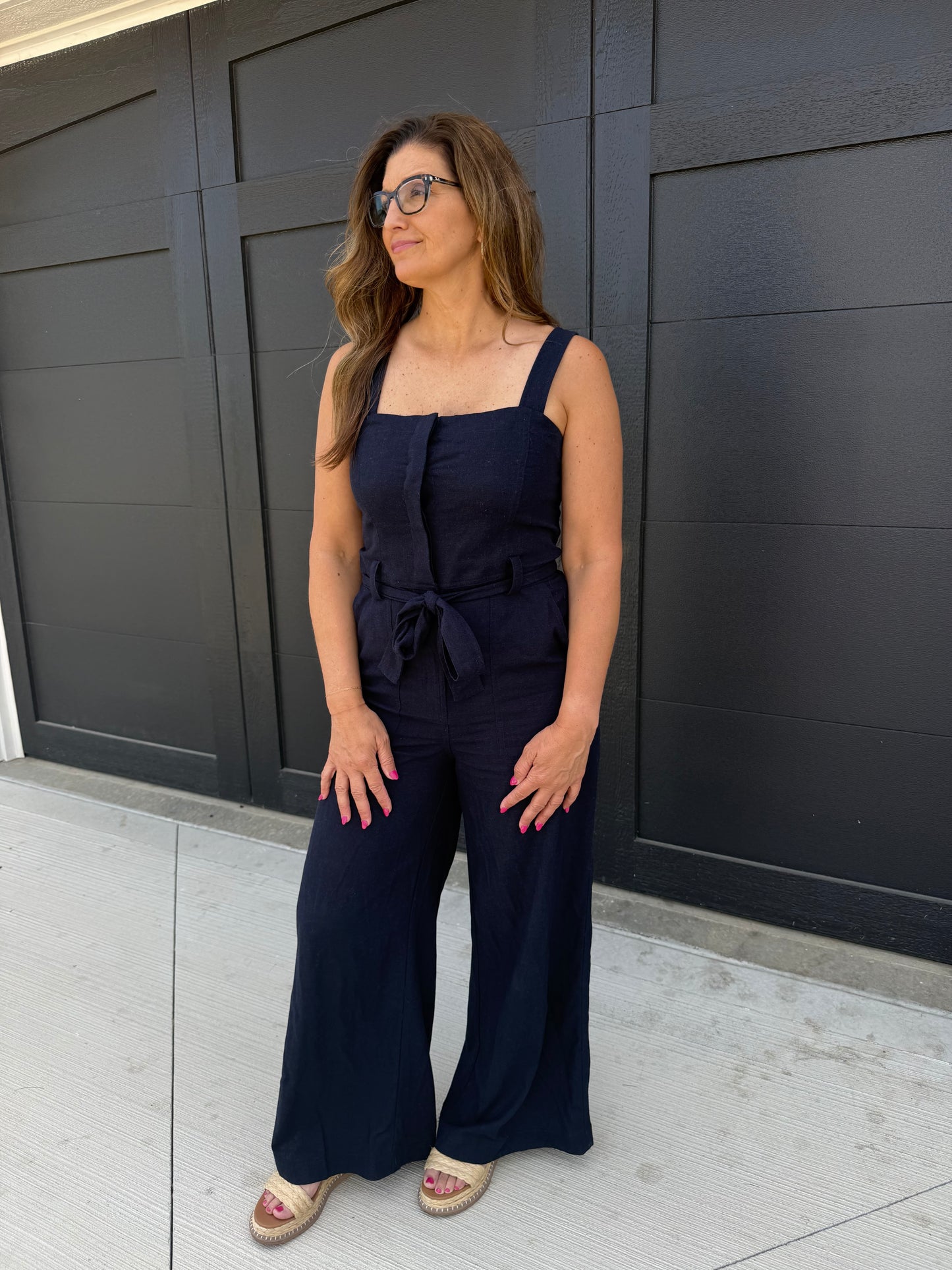 Straight Neck Wide Leg Jumpsuit: NAVY