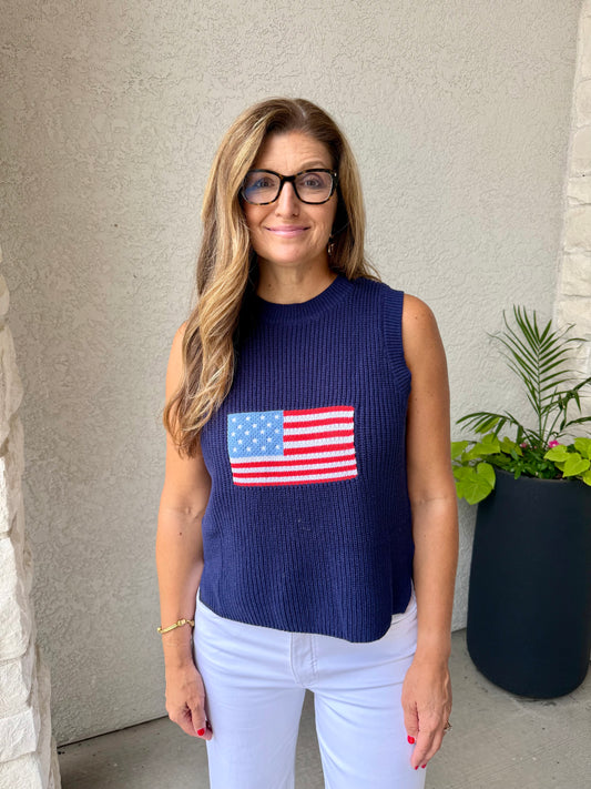 Flag Print Knitted Sleeveless Sweater -Navy