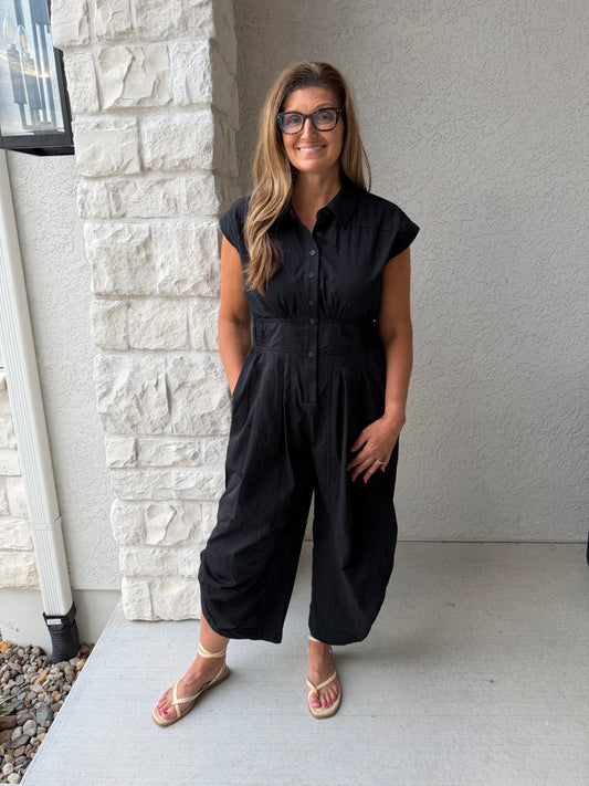 Wide leg Button down Jumpsuit with side drawstring hem- BLACK