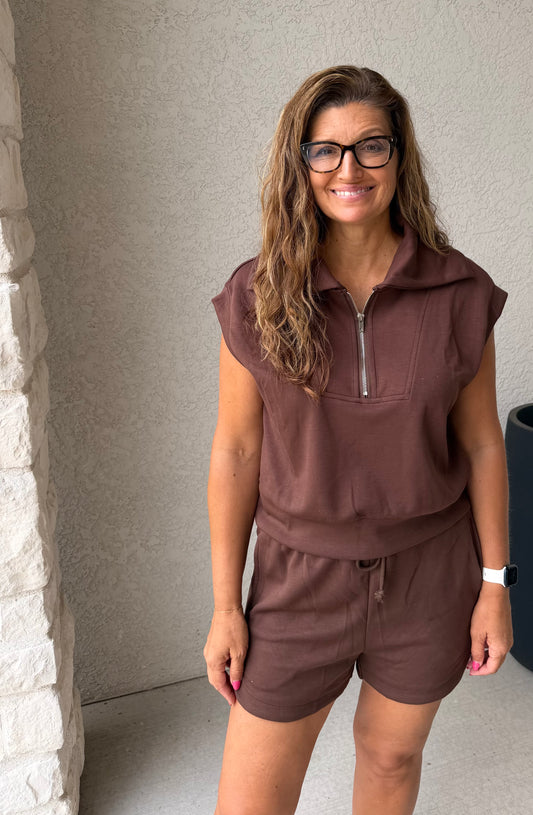 Half Zip Top and Shorts Set: Chocolate