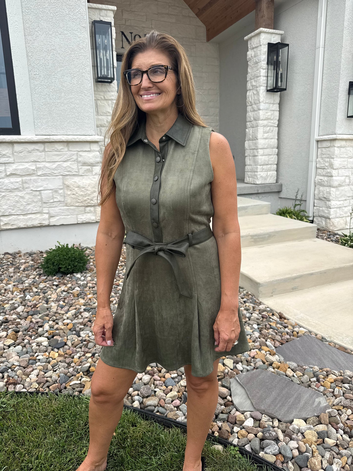Sleeveless Button Front Faux Suede Belted Mini Dress