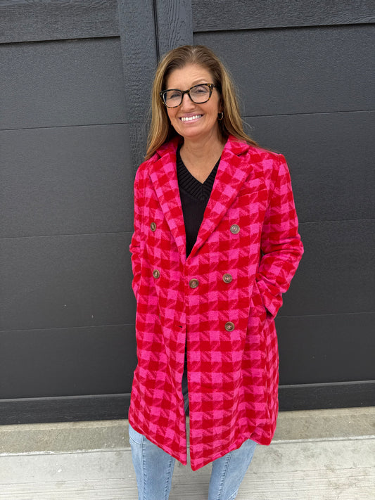 Textured Houndstooth Double-Breasted Coat: PINK RED