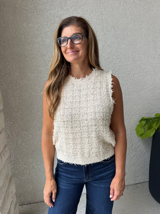 TWEED KNIT SWEATER VEST TOP: OATMEAL