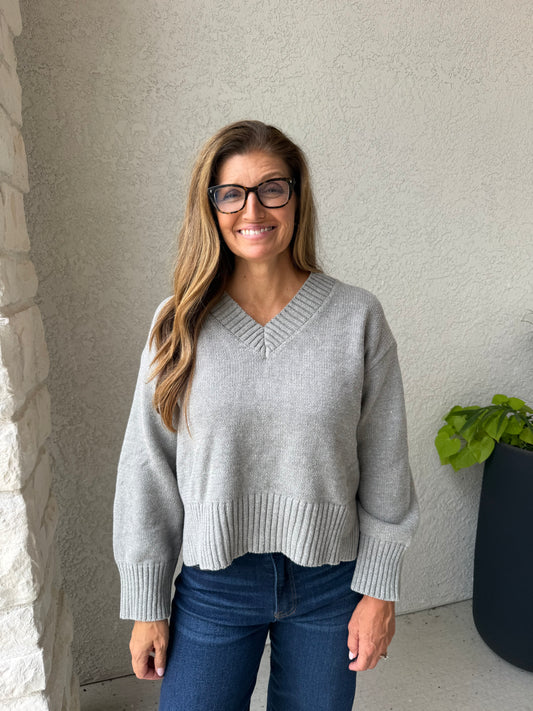 Bella V Neck Chunky Sweater- Gray