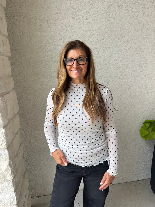 Polka Dot mesh Long Sleeve Top white and black