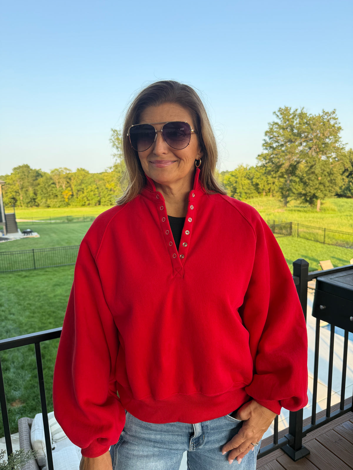 Piper Snap Button Collared Sweatshirt- Red