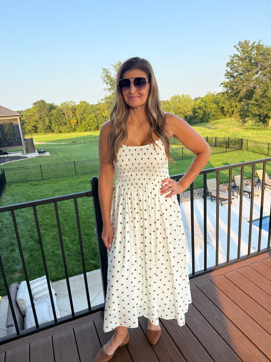 POLKA DOT SMOCKED BASQUE WAIST MIDI DRESS