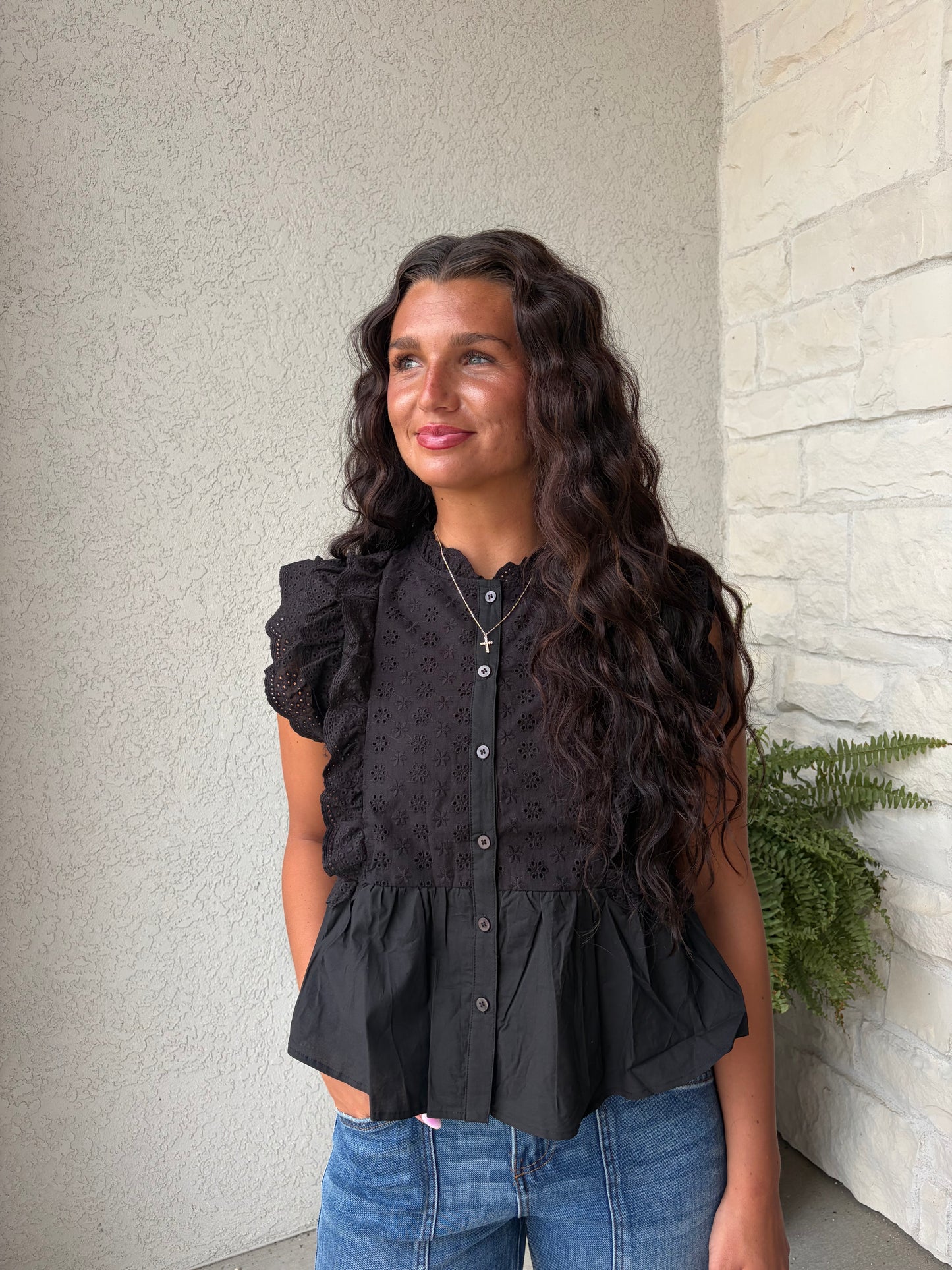 EYELET BUTTON DOWN PEPLUM TOP: BLACK