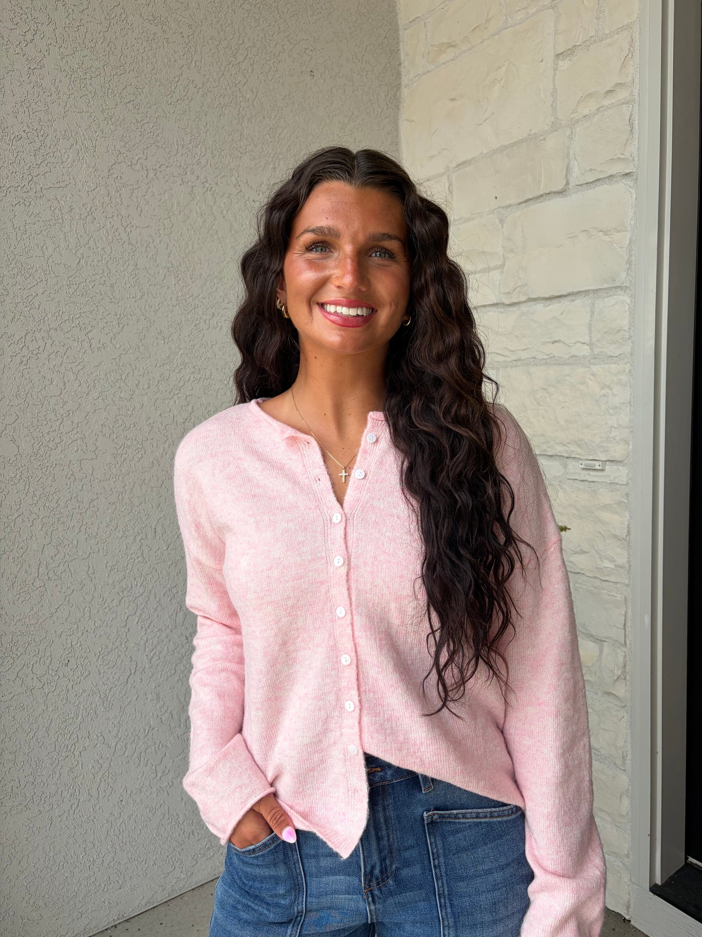 Essential Button Down Cardigan Top - Sherbet