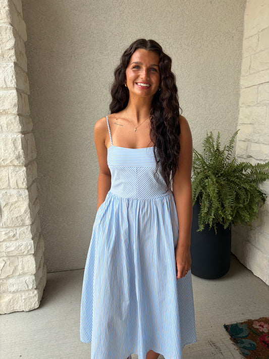 Striped Spaghetti Strap Dress: LIGHT BLUE AND WHITE