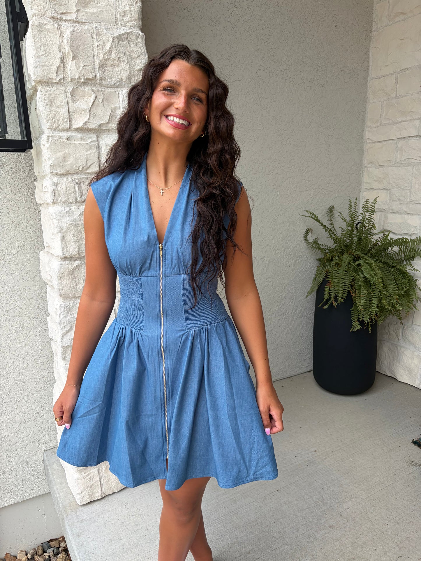 Blue Front Zip Mini Shirt Dress