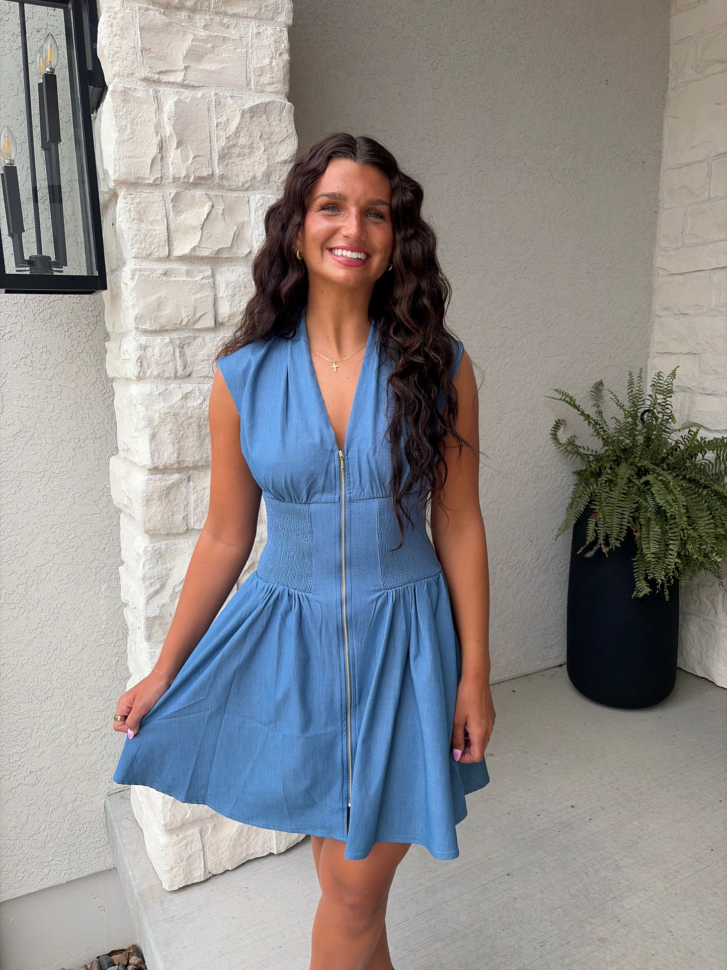 Blue Front Zip Mini Shirt Dress