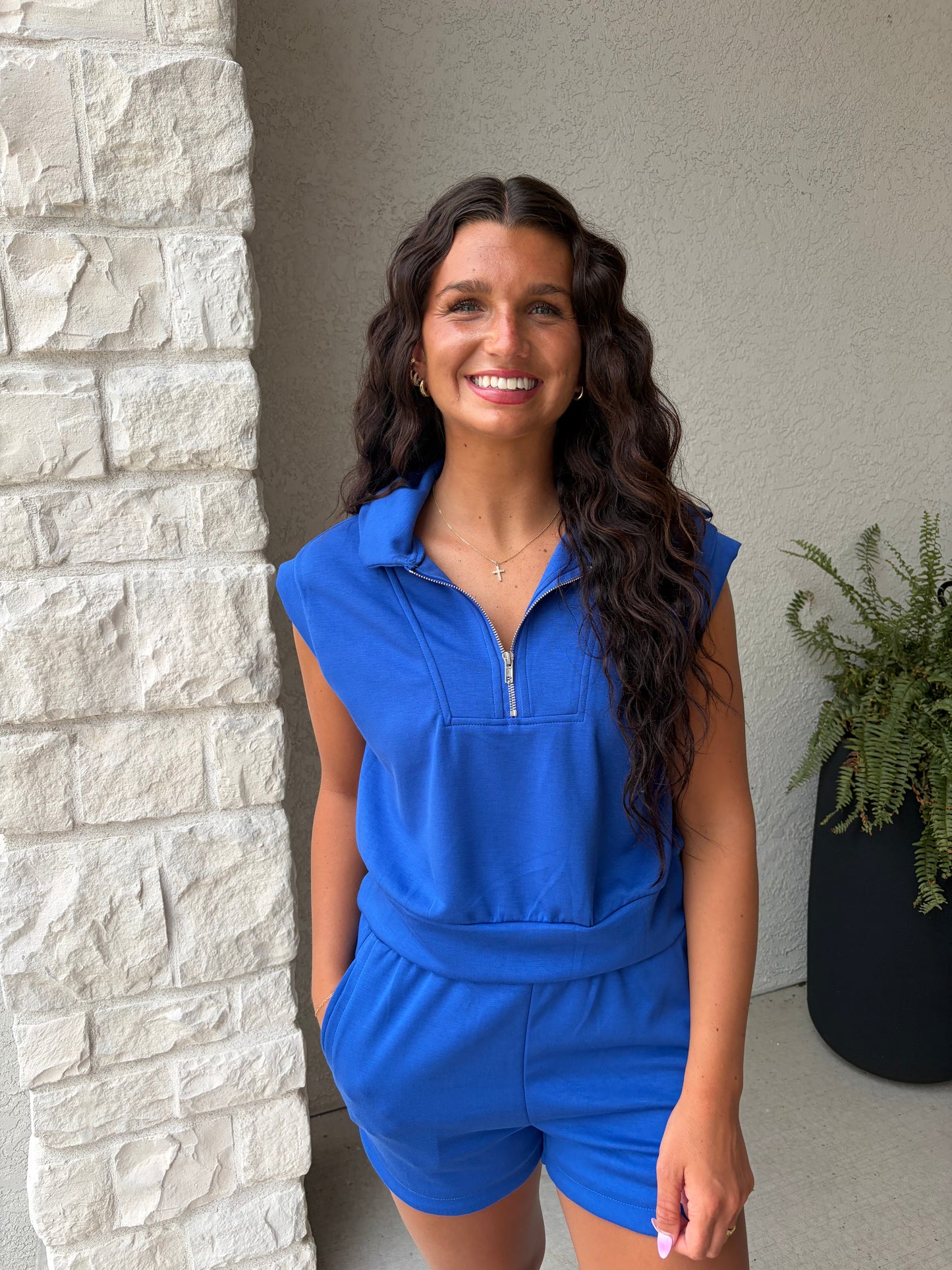 Half Zip Top and Shorts Set: Cobalt Blue / S-M-L