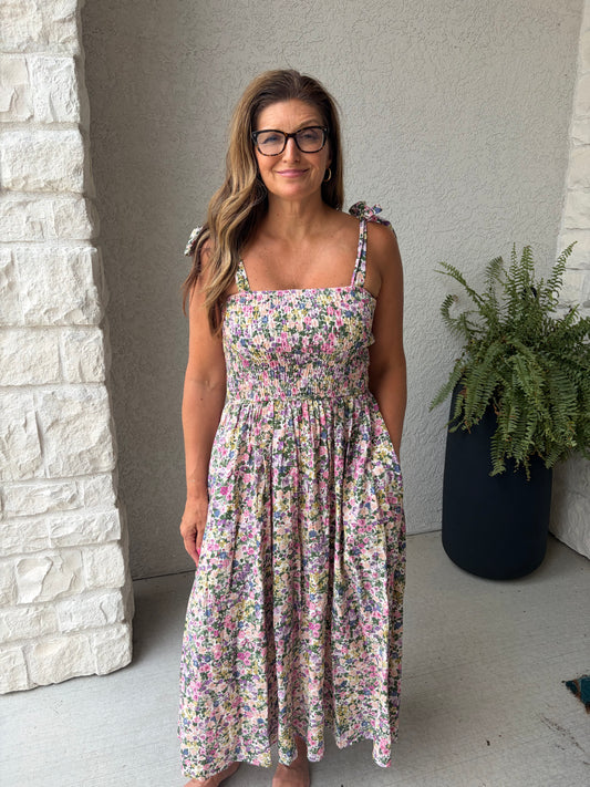 Floral Printed midi dress with smocked top