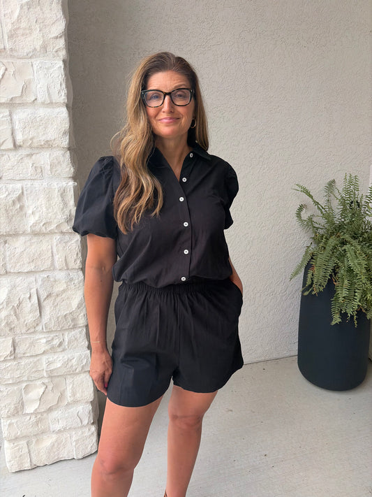 PUFF SLEEVE BUTTON-UP ROMPER : BLACK