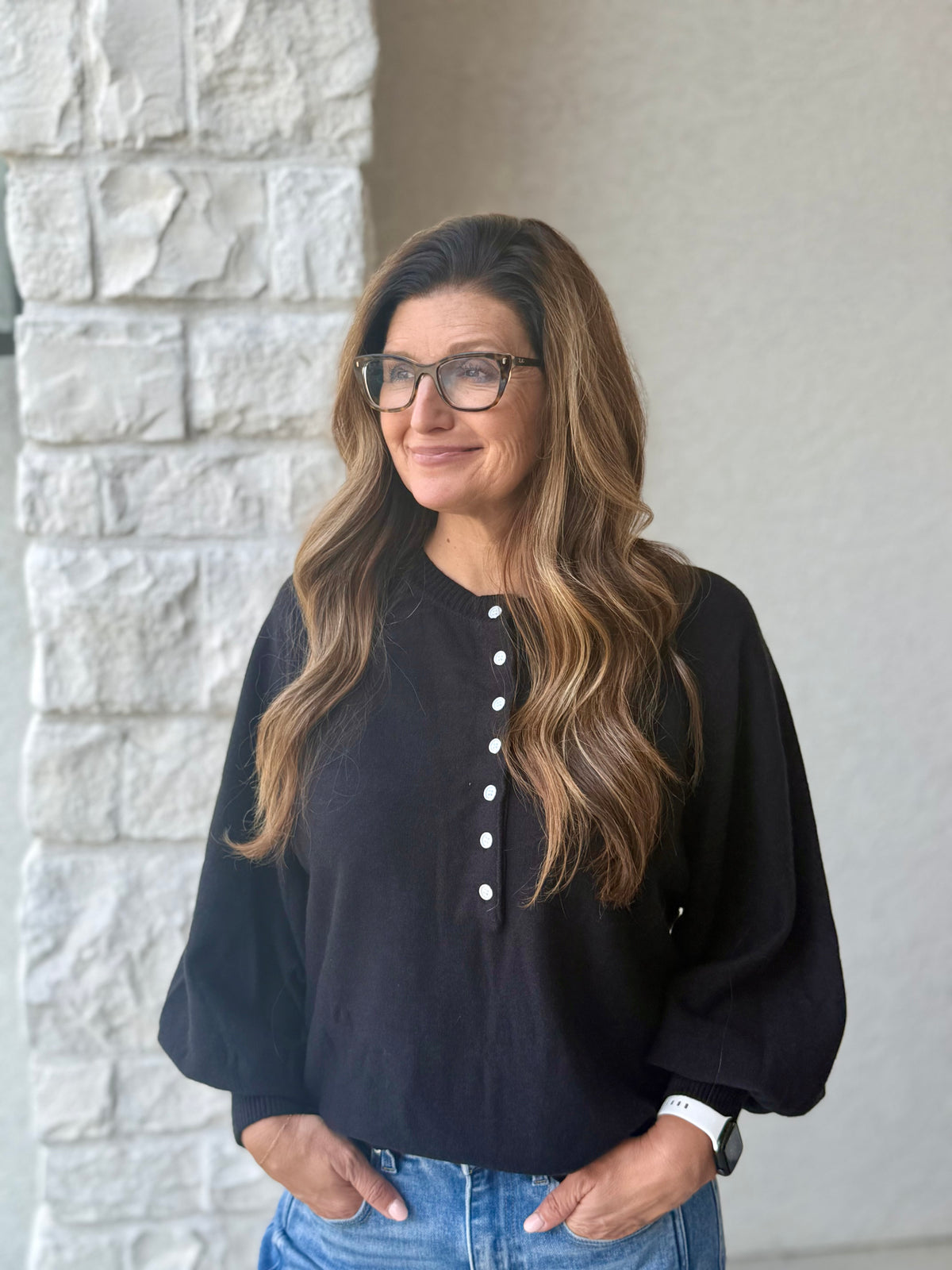 Henley Balloon Sleeve Sweater Top: Black