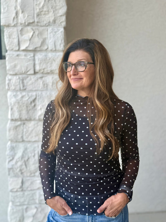 Polka Dot Mesh Long Sleeve Top Black with white dots.