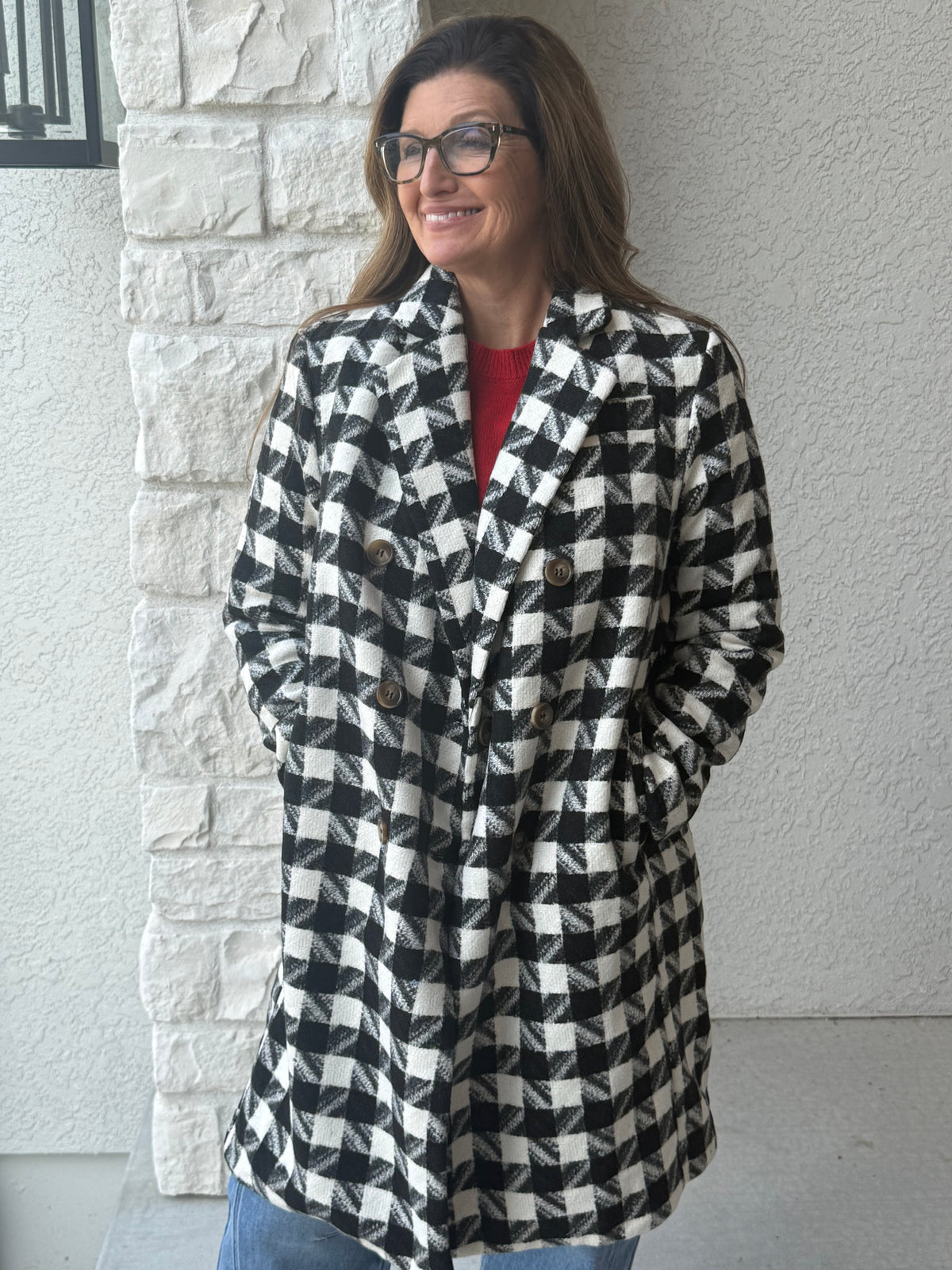 Textured Houndstooth Double-Breasted Coat: Black/White