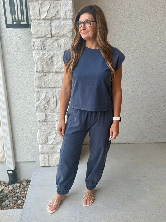 Ribbed trim Cap sleeve Top and Pant Set-Indigo