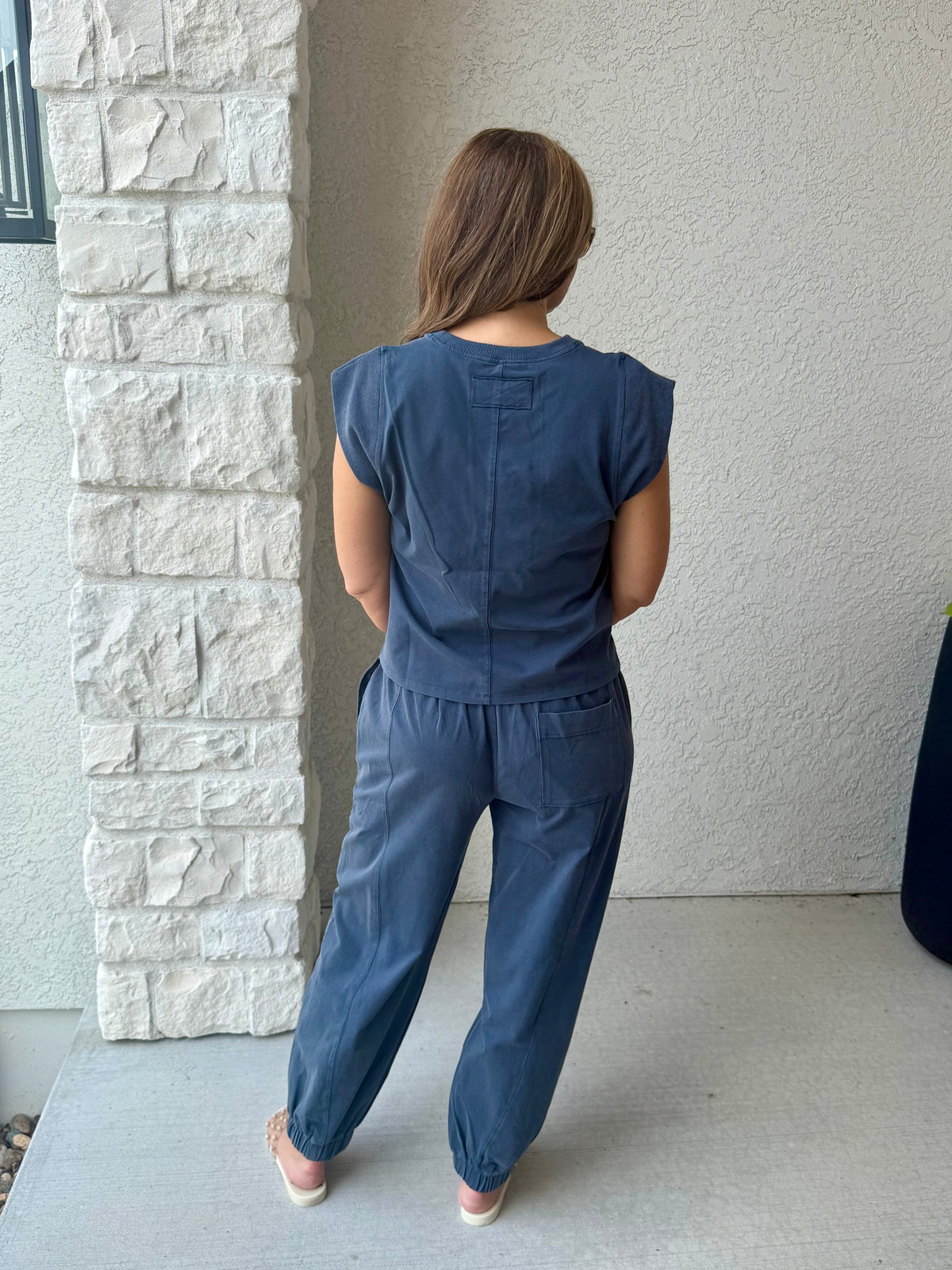 Ribbed trim Cap sleeve Top and Pant Set-Indigo