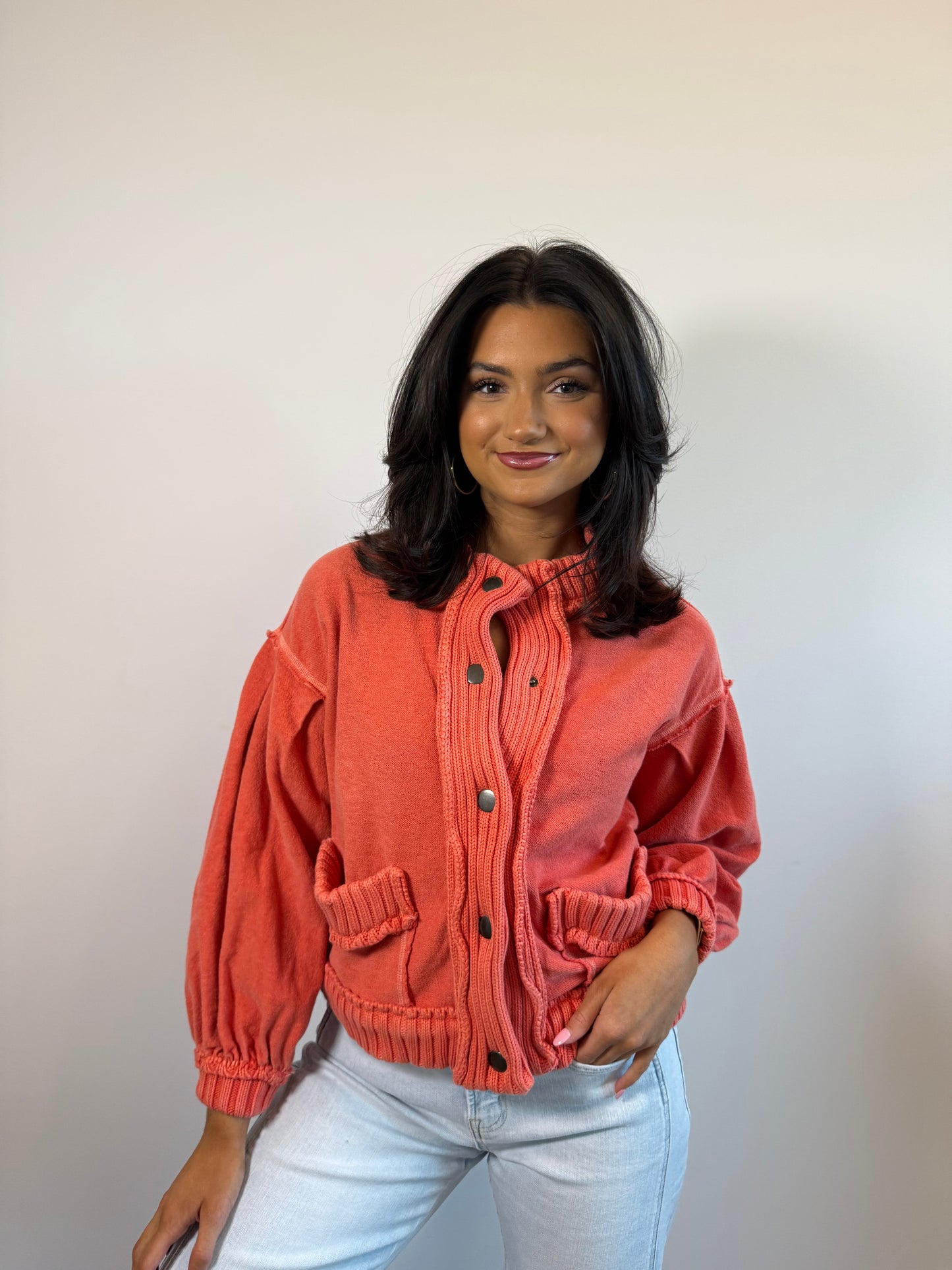 Washed Vintage Ribbed Knit Trim Cardigan -Rust