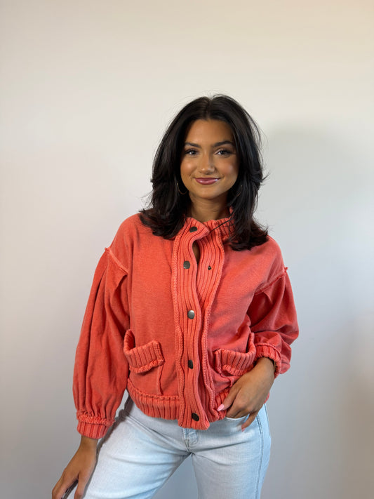 Washed Vintage Ribbed Knit Trim Cardigan -Rust