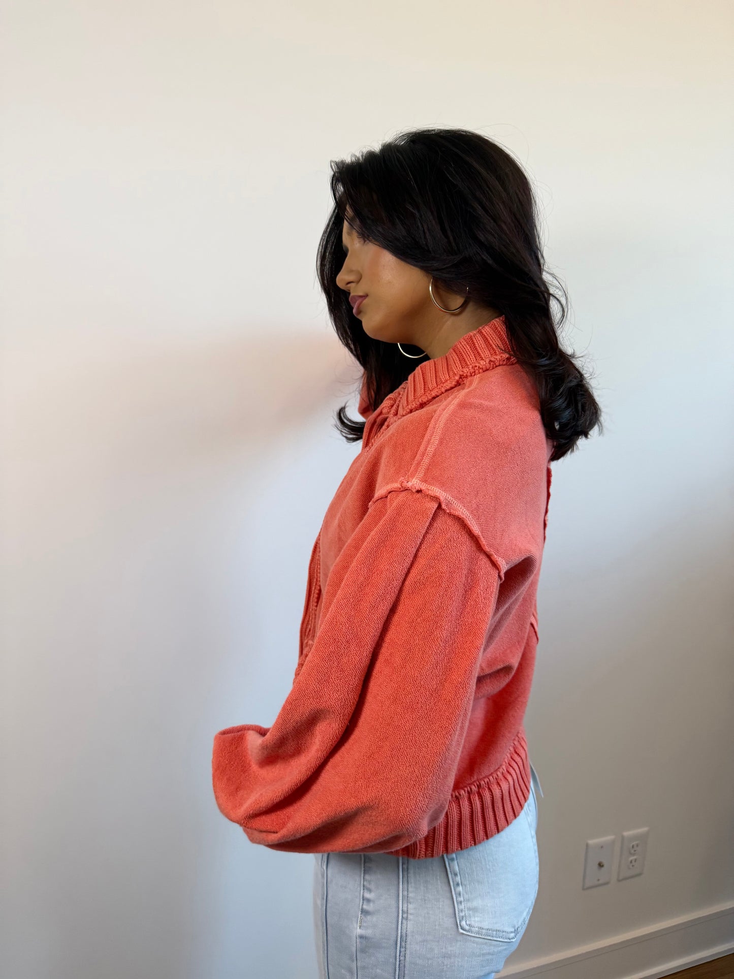 Washed Vintage Ribbed Knit Trim Cardigan -Rust