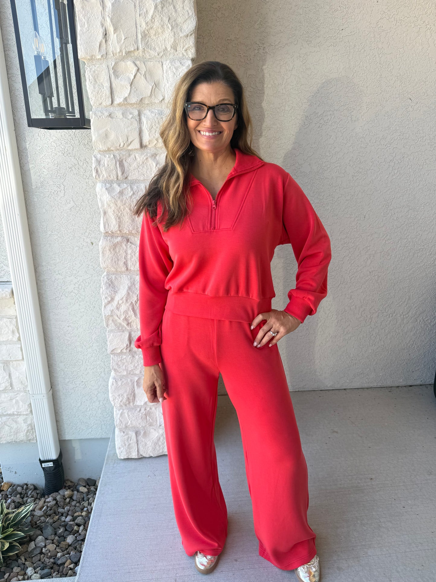 Modal Quarter Zip Long sleeve Top XS-XL RED